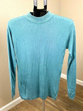 Ryan Harris Women’s L Aqua 100% Silk Ribbed Mock Neck Long Sleeve Sweater